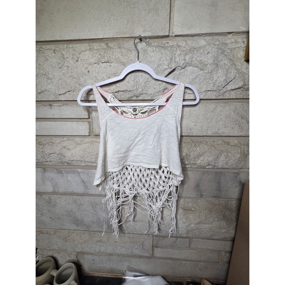 Roxy Womens White Macrame Crochet Fringe Tank Top Boho Festival Small